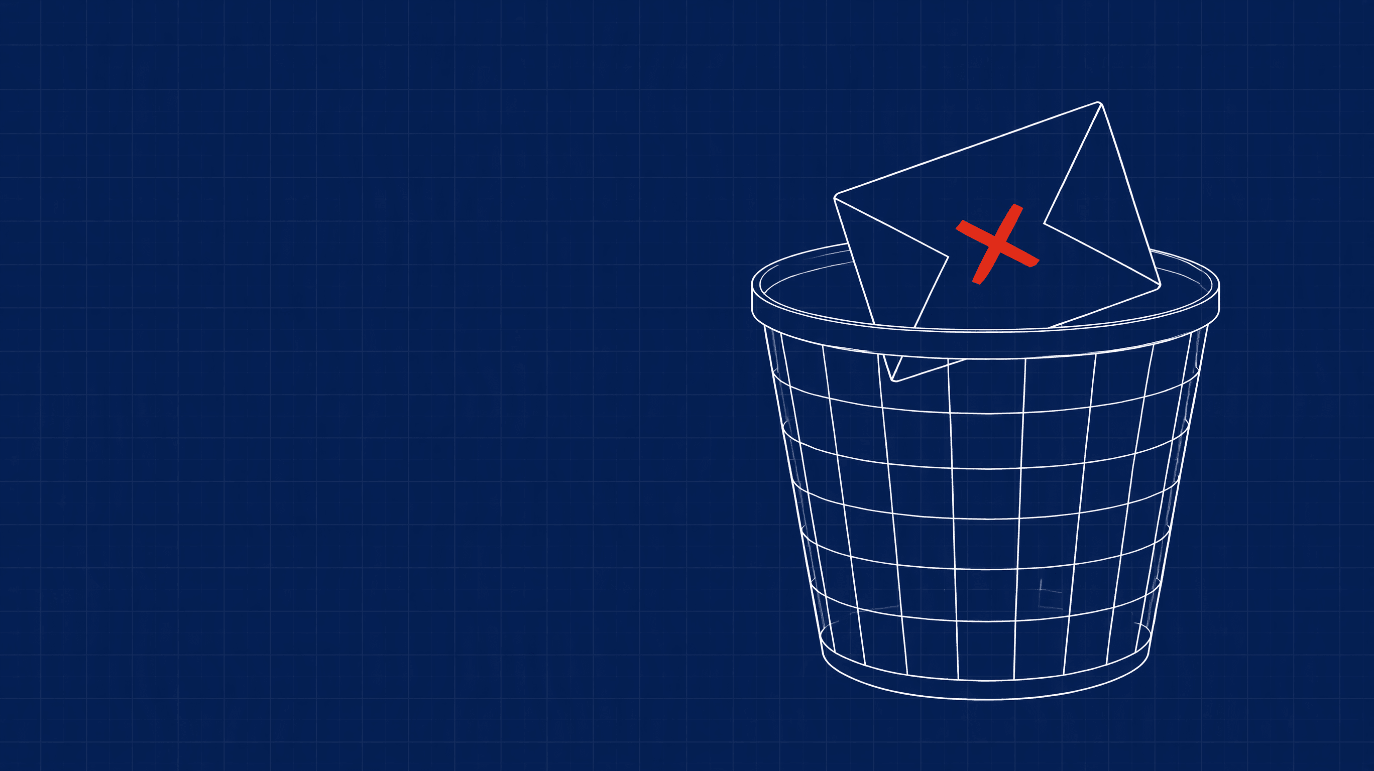 An envelope in a trash bin marked with a red X, standing for emails landing in spam instead of the inbox.