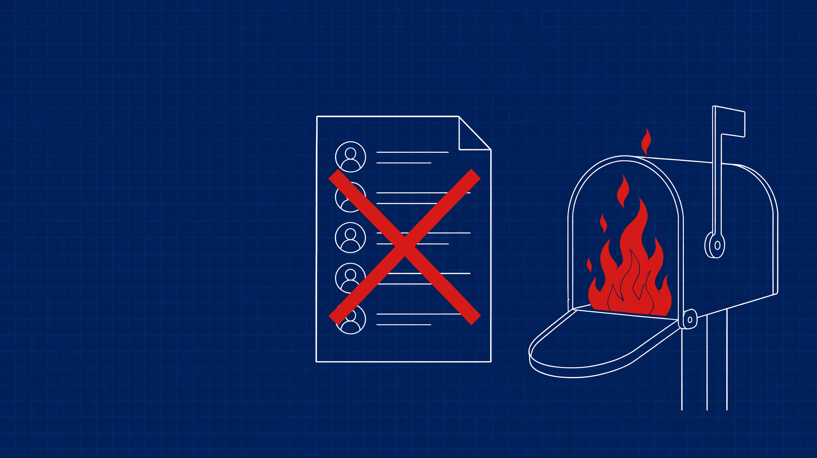 Line drawing of a contact list crossed out in red beside a mailbox full of red flames: is it the list or the domain?