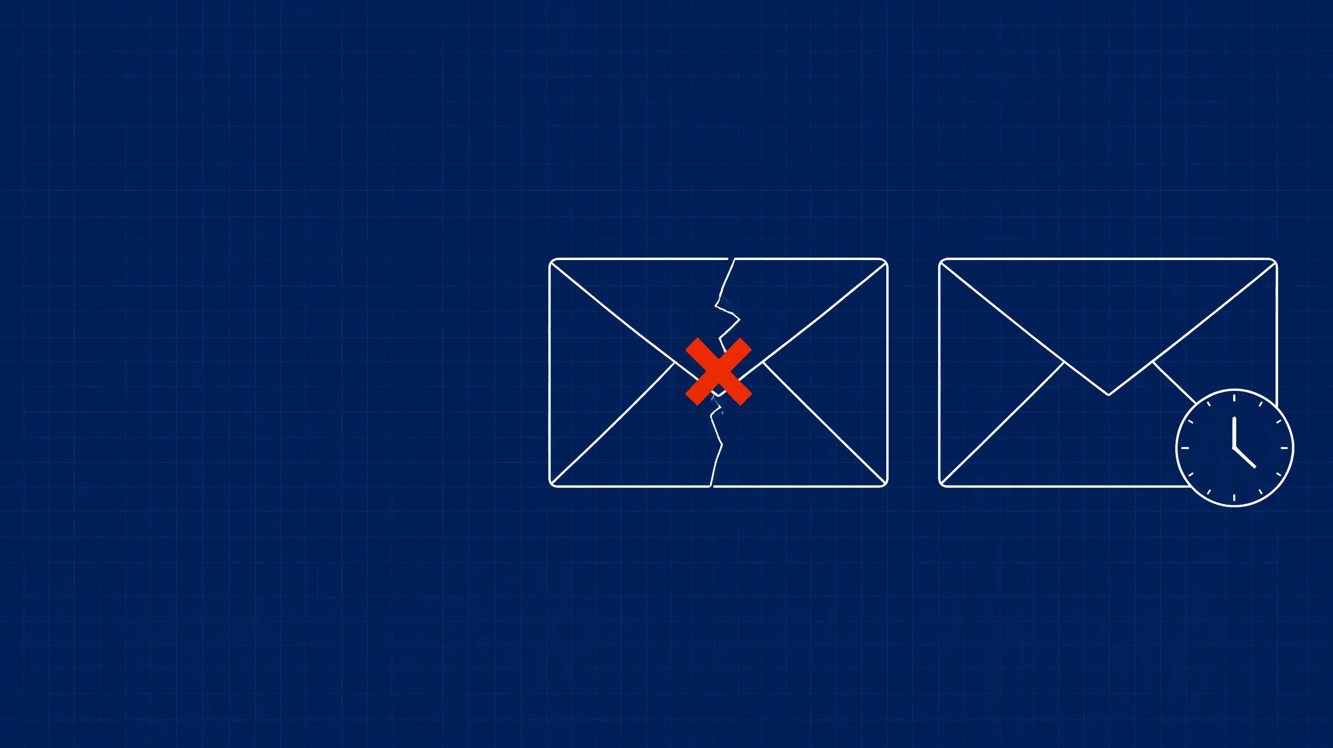 Two envelopes side by side, one with a red X and crack for a hard bounce, one with a clock for a soft bounce.