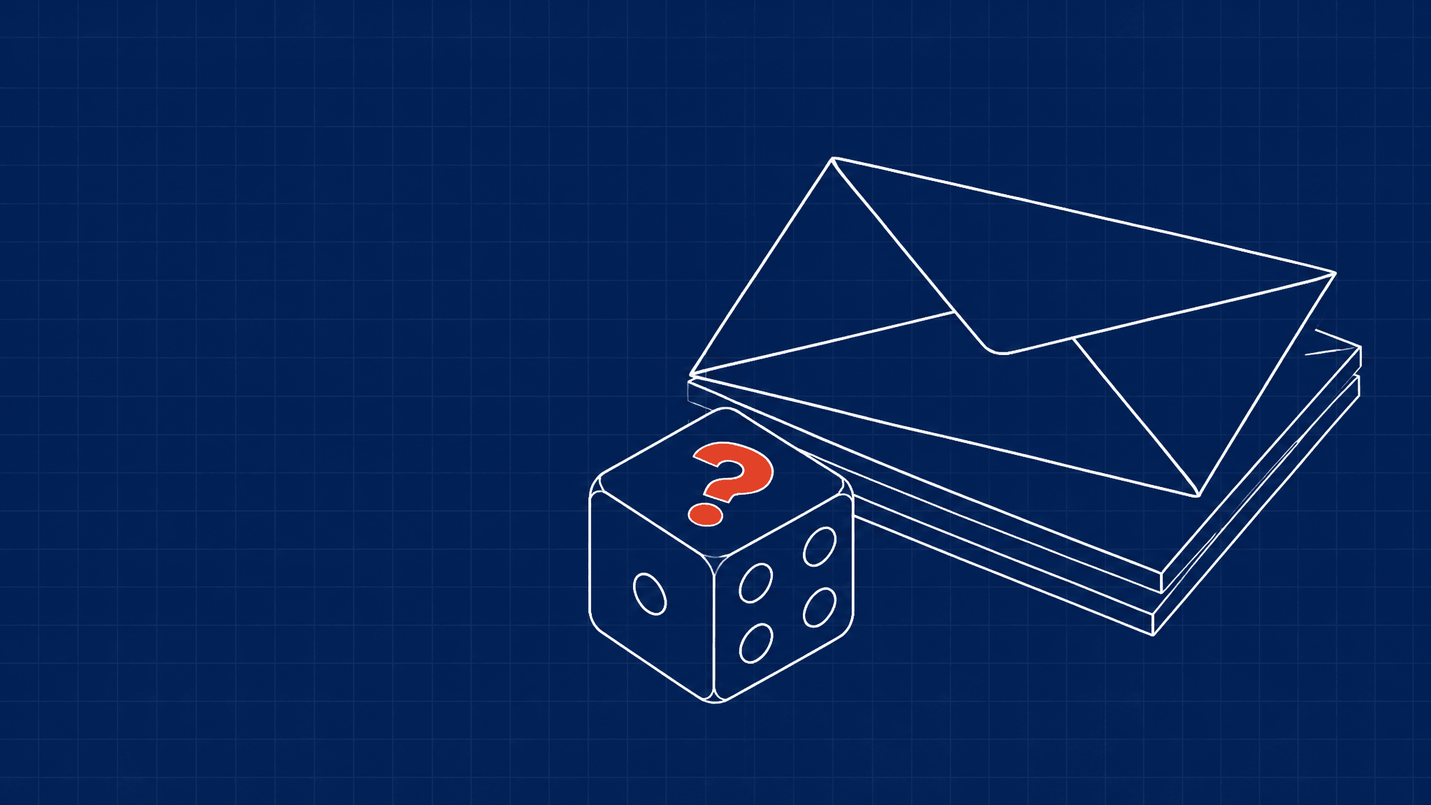 A die next to a stack of envelopes, suggesting that cold email results depend on sample size and chance.