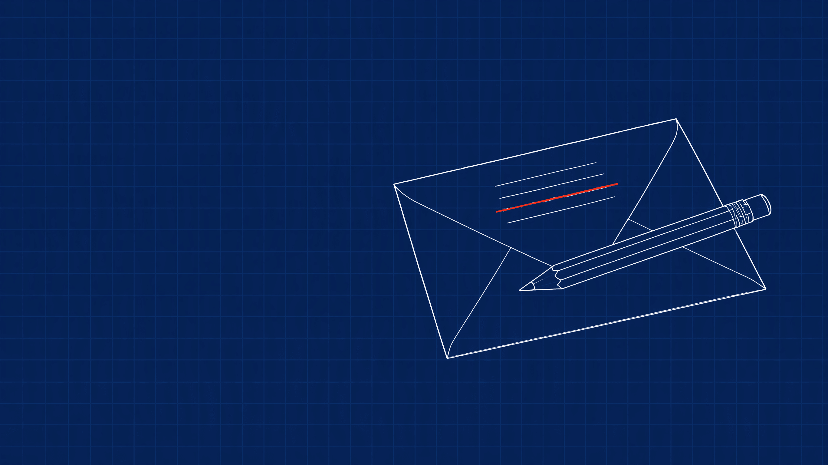 A short envelope with a pencil across it and a red strike-through line, suggesting a trimmed cold email.